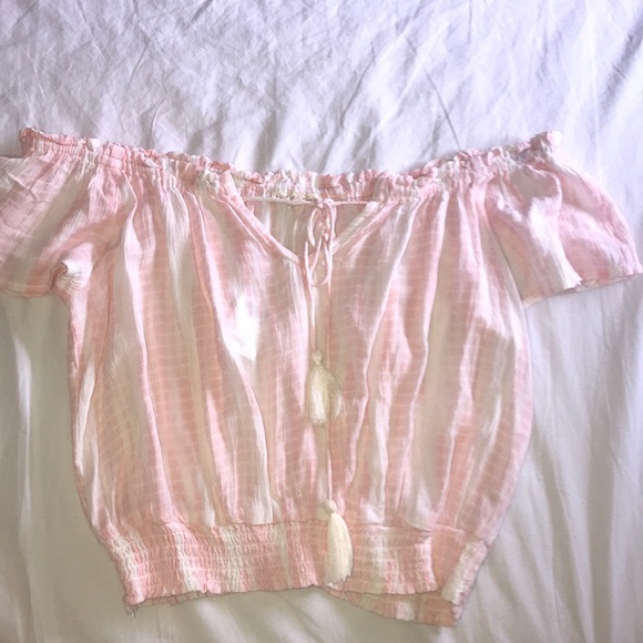 NEW PACSUN PINK/WHITE OFF THE SHOULDER CROP TOP - Picture 2 of 5